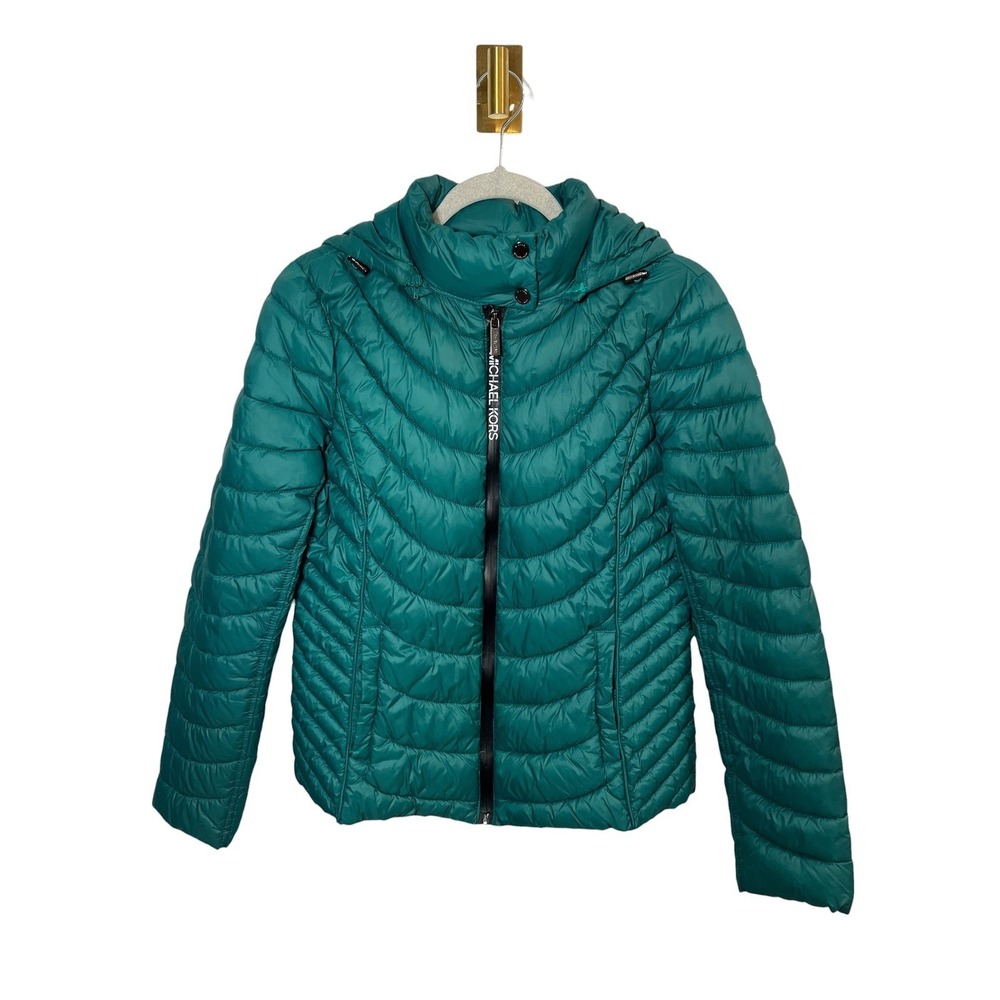 Michael Kors Packable Puffer Lightweight Jacket Teal Green Quilted Hooded Coat M